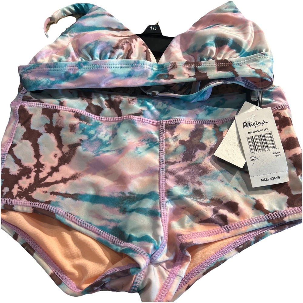 Raisins Girl's 2 Pc MALIBU Bikini Shorts Pink Blue Tie Dye Size 10 Swimsuit $34